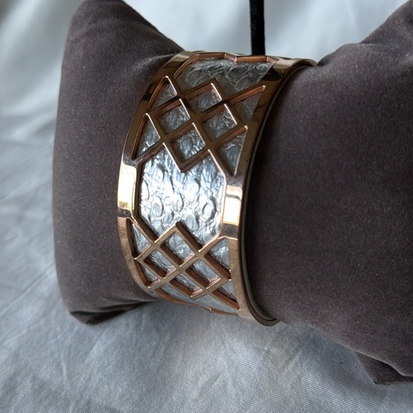 Modern Rose Gold & Silver Tone Snakeskin Textured Lattice Cuff Bracelet - Picture 2 of 11